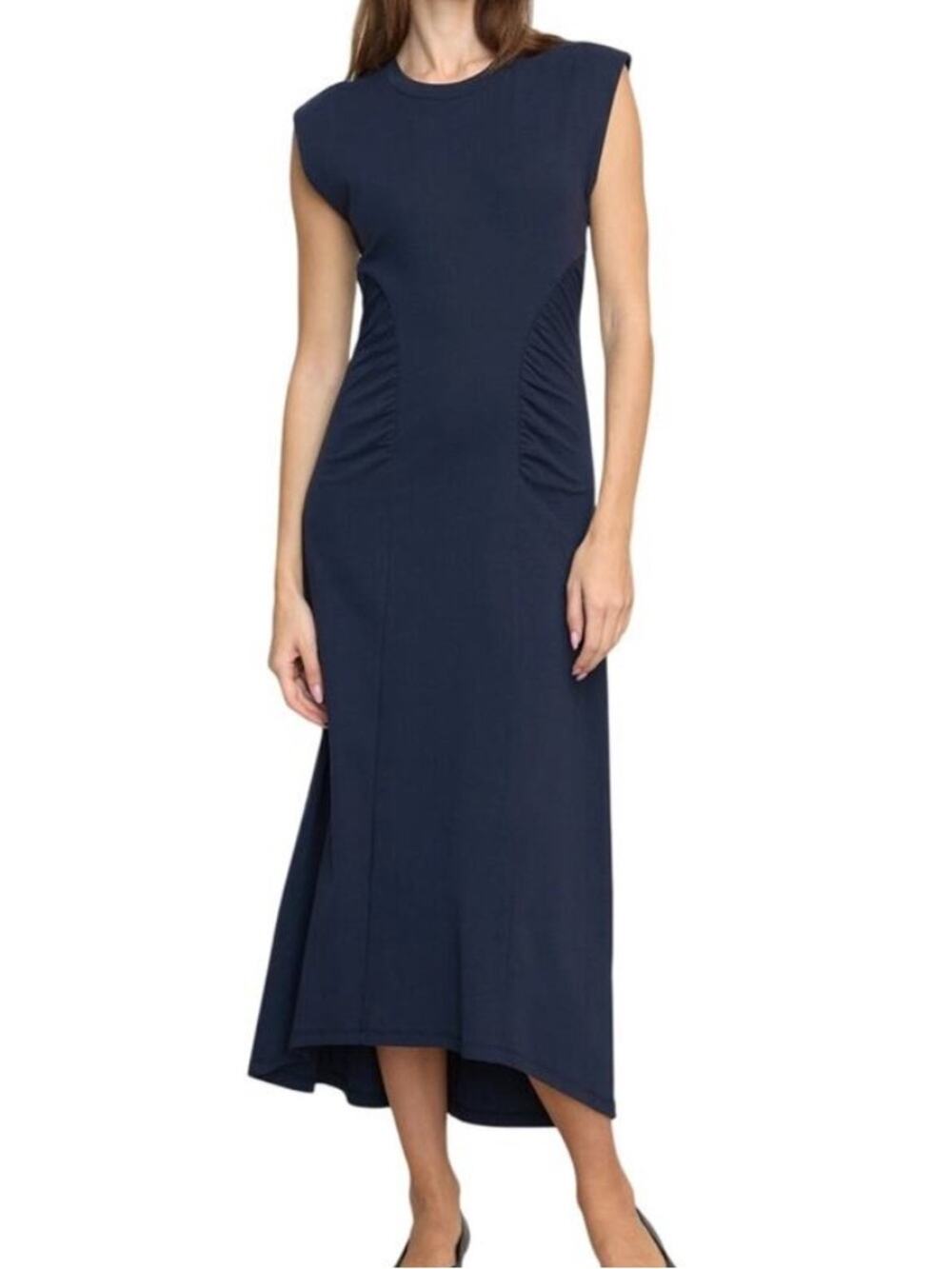 Modern Citizen Lenox Navy Ruched Jersey Midi Dress Cap Sleeve Sz L